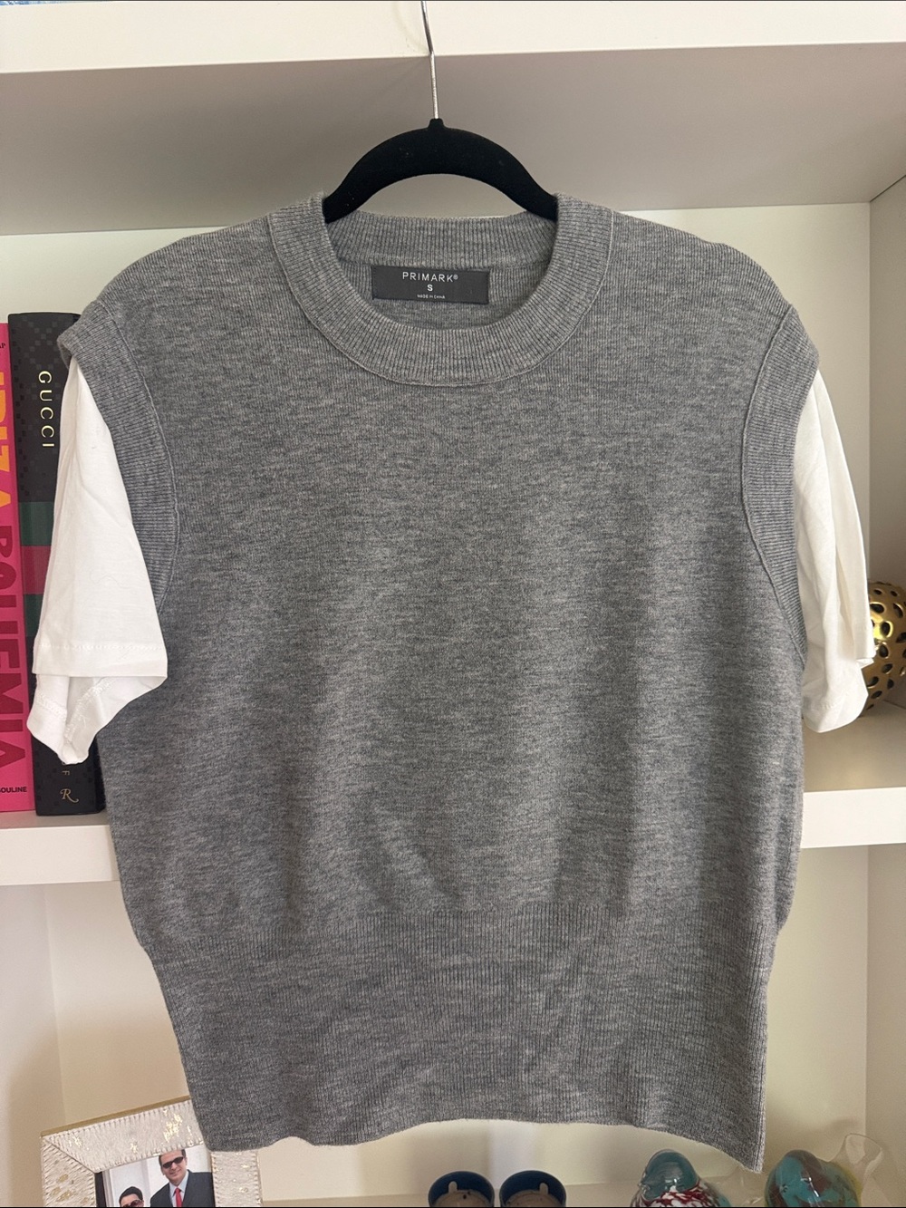 Primark Grey Knit Sleeveless Sweater Vest with White Tee Layered Look